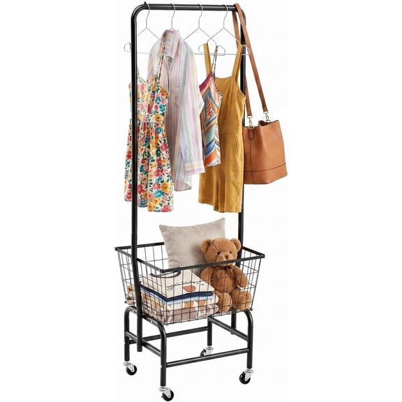 Laundry Cart with Clothes Rack, Rolling Laundry Butler with Wire Storage Rack,Black