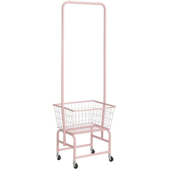 Laundry Cart with Clothes Rack, Rolling Laundry Butler with Wire Storage Rack，Pink
