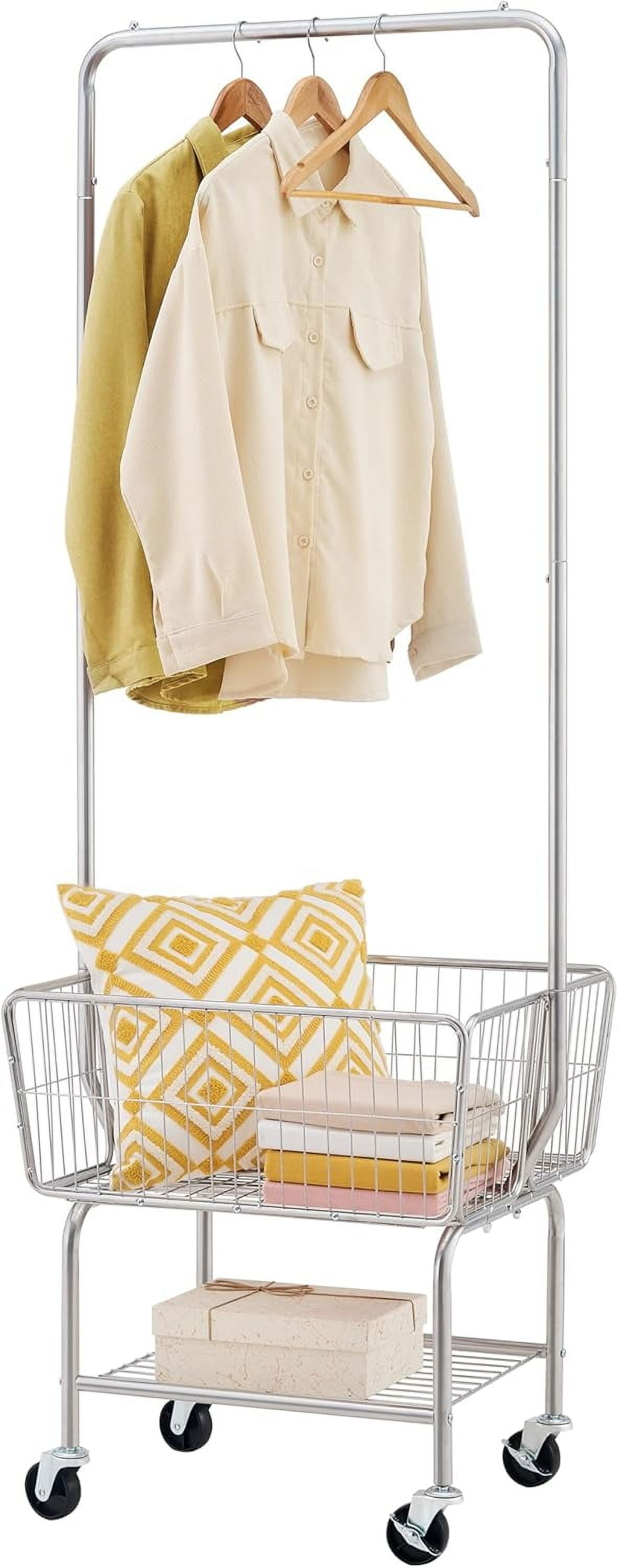 Laundry Cart with Hanging Rack, Metal Rolling Laundry Cart with Wheels and Storage Basket, Silver