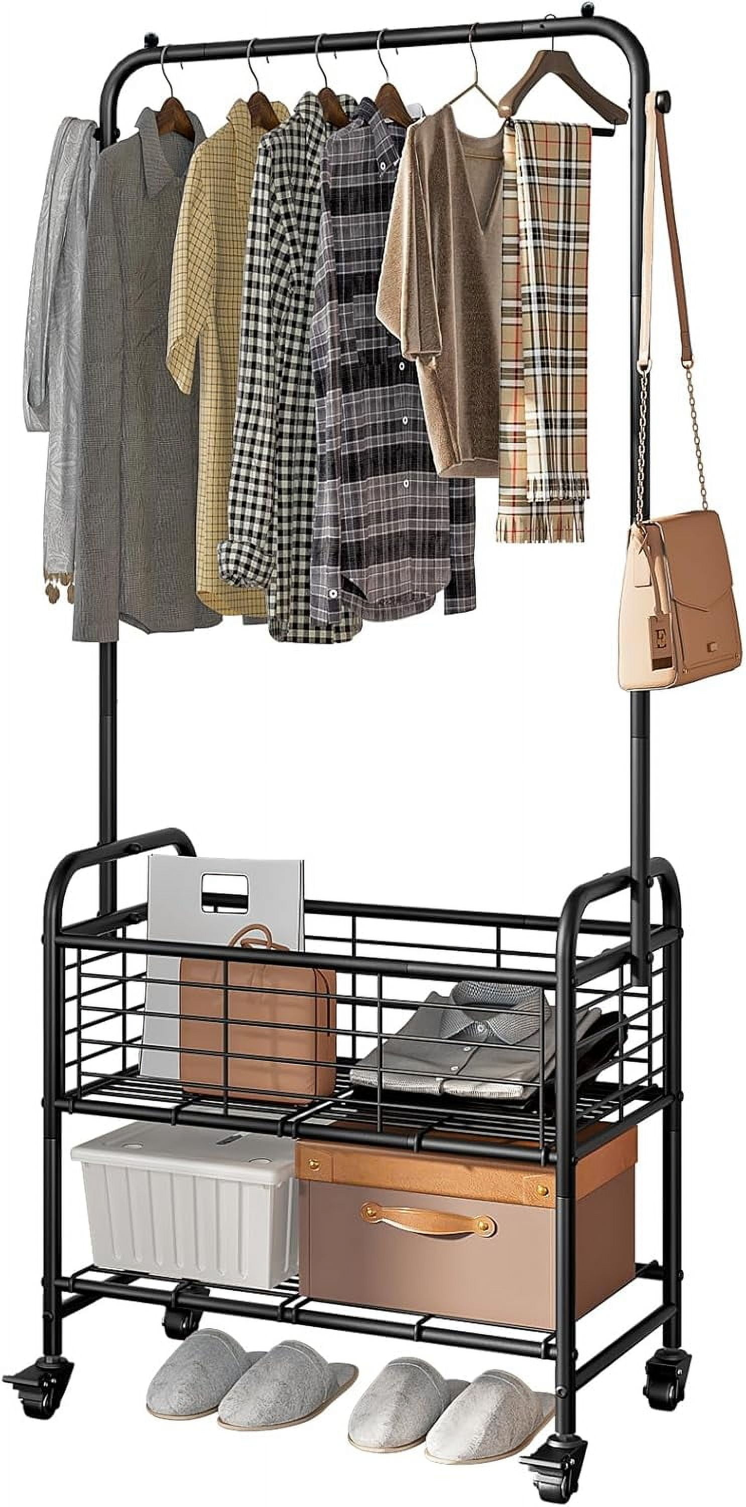 Laundry Cart with Hanging Rack Rolling Laundry Hamper Sorter with Wheels Shelf,Black