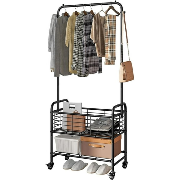 Laundry Cart with Hanging Rack Rolling Laundry Hamper Sorter with Wheels Shelf,Black