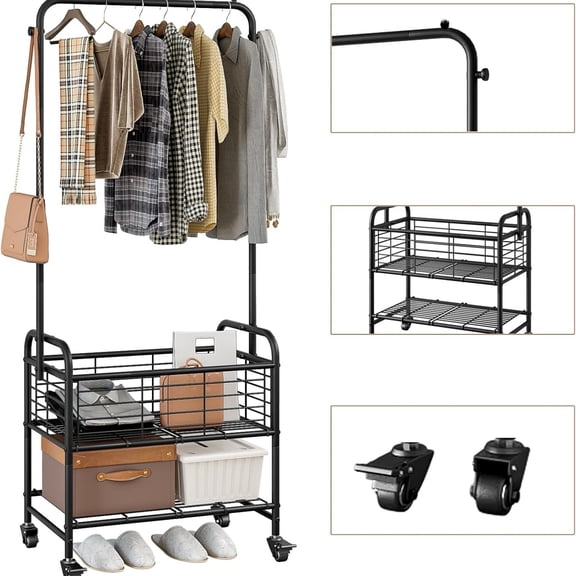 Laundry Cart with Hanging Rack Rolling Laundry Hamper Sorter with Wheels Shelf,Black