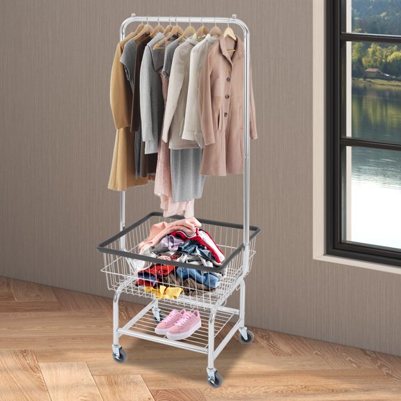 Laundry Cart with Hanging Rod & Storage Shelf Rolling Clothes Hamper on Wheels 110 lbs Capacity for Laundry Room
