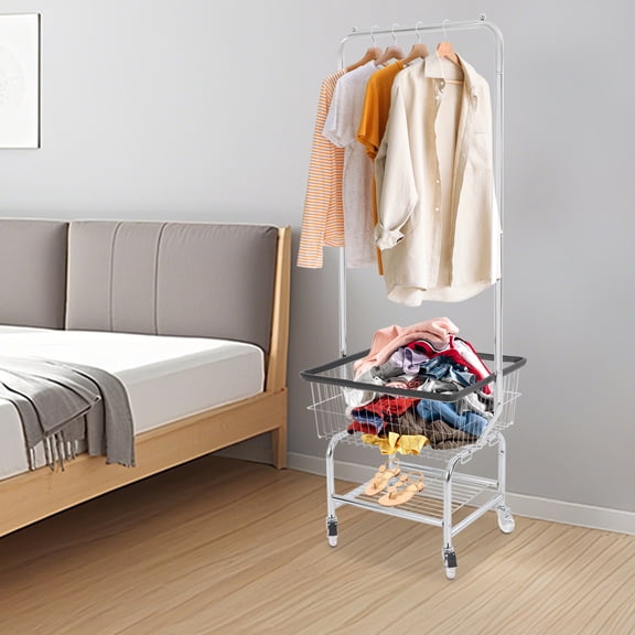 Laundry Cart with Hanging Rod & Storage Shelf Rolling Clothes Hamper on Wheels for Laundry Room, Bedroom