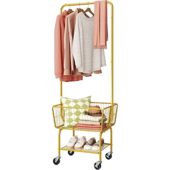Laundry Cart with Wheels, Metal Rolling Laundry Hamper with Hanging Rack, Storage Basket and Shelf, Gold