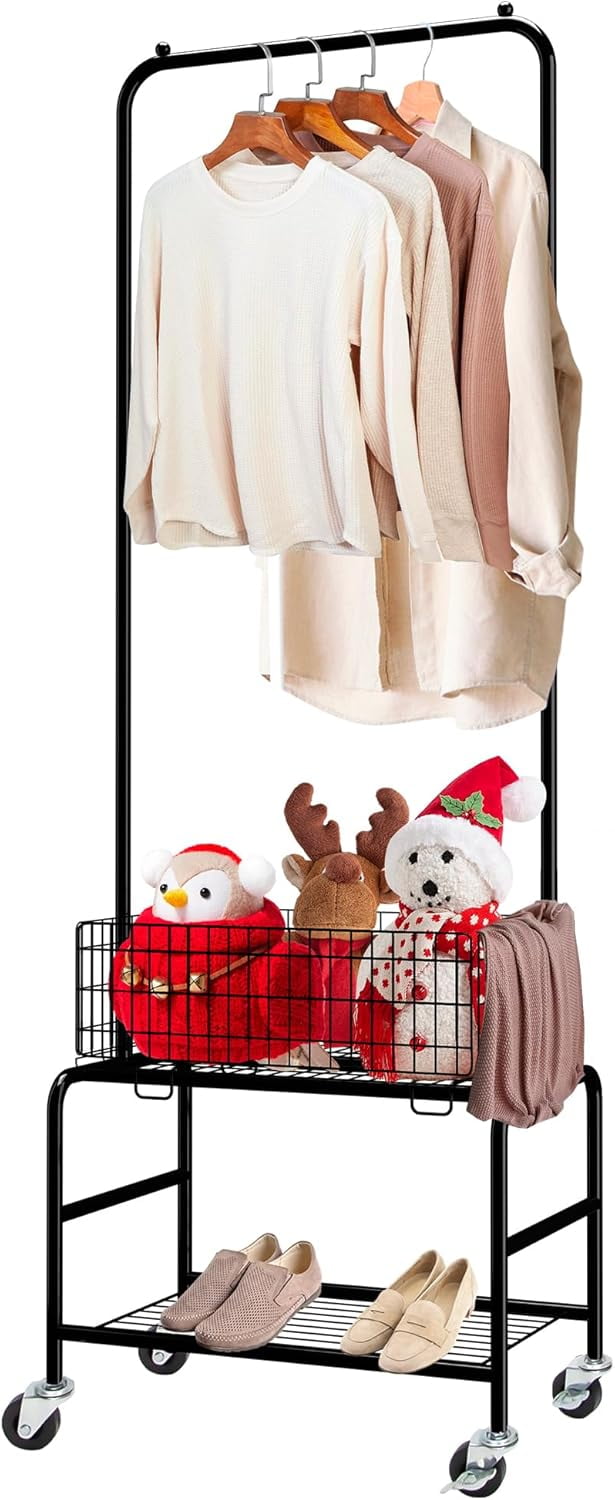 Black Metal Rolling Laundry Cart with Hanging Rack