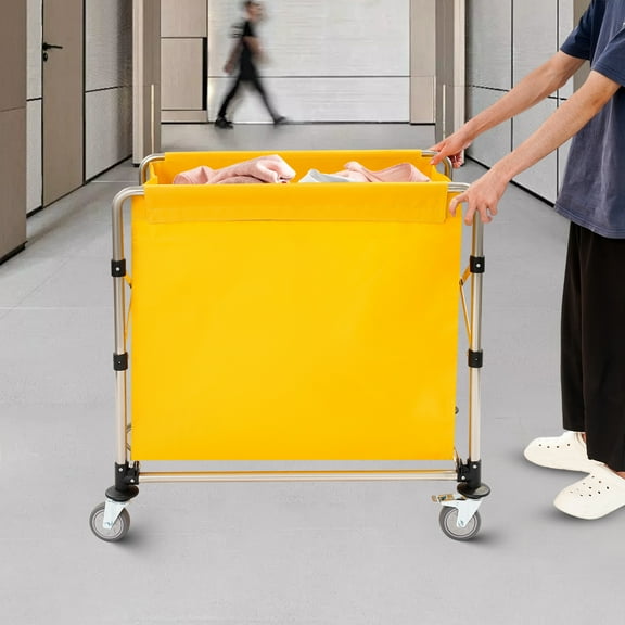 Laundry Cart with Wheels, Smooth Edge Foldable Laundry Cart, Yellow Laundry Cartfor Home Hotel Hotels, Apartments, Warehouses, Hospitals