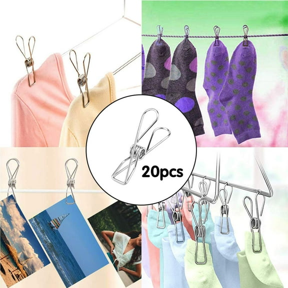 Laundry Clothes Pins Clips 50 Pack, Stainless Steel Heavy Duty Laundry Peg Metal Clip Clothespins for Hanging, Outdoor Clothesline, Snack Bags, Towel, Pictures, Office, 20 Pcs, 0.59x2.56"