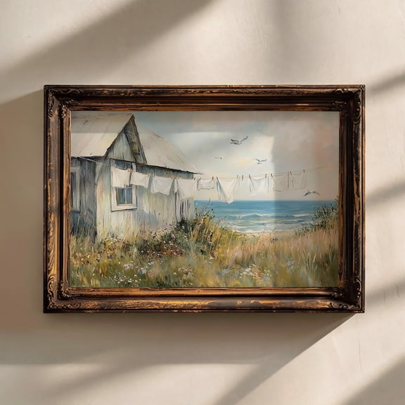 Laundry Clothesline Print Poster Beach Seascape Print Poster Summer Coastal Home Decor Poster Vintage Beach Cottage Wall Art Poster Warm Present Vintage UNFRAMED Poster Size 24x36