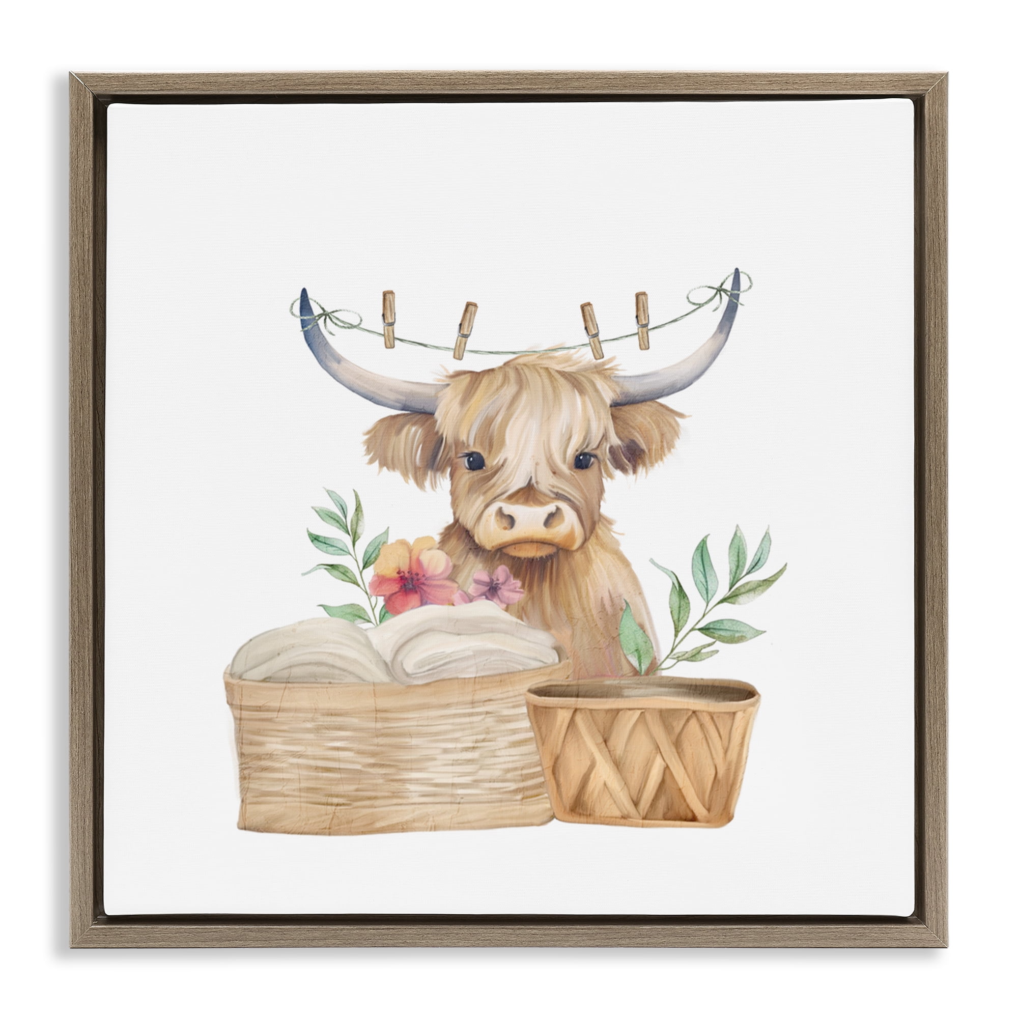 Laundry Day Baby Cattle Brown Framed Floater Canvas Wall Art, design by Kim Allen