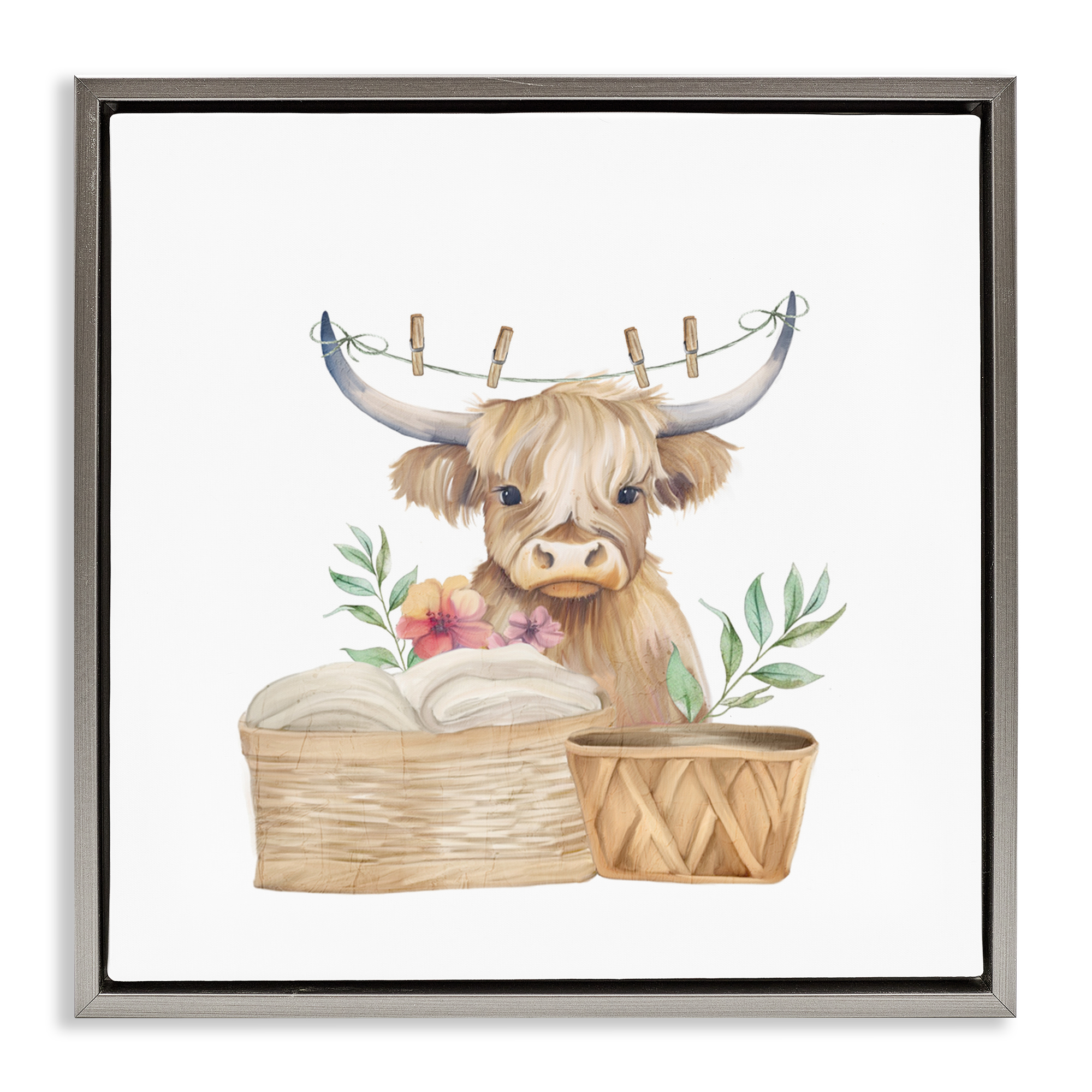 Laundry Day Baby Cattle Gray Framed Floater Canvas Wall Art, design by Kim Allen
