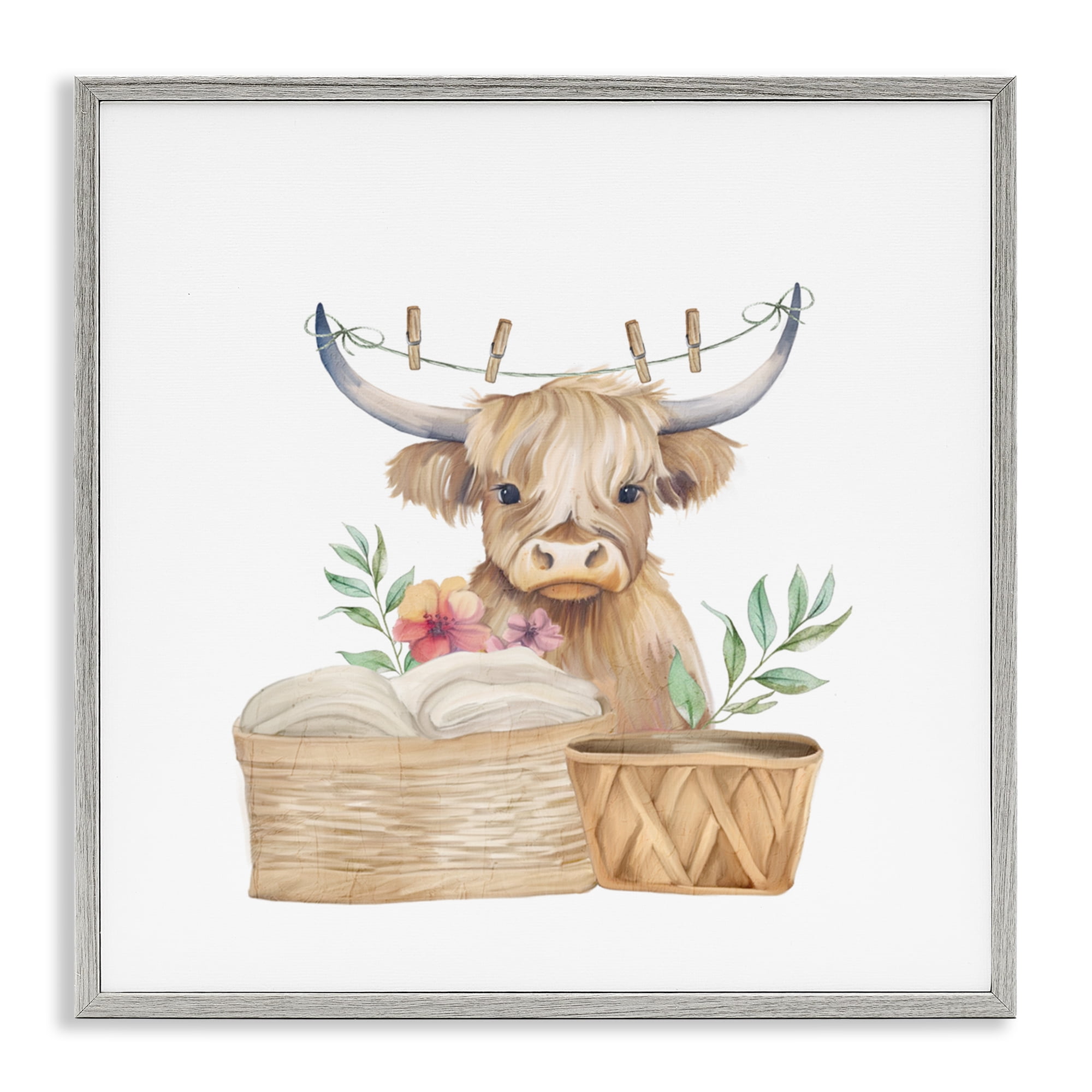 Laundry Day Baby Cattle Gray Framed Giclee Art, design by Kim Allen