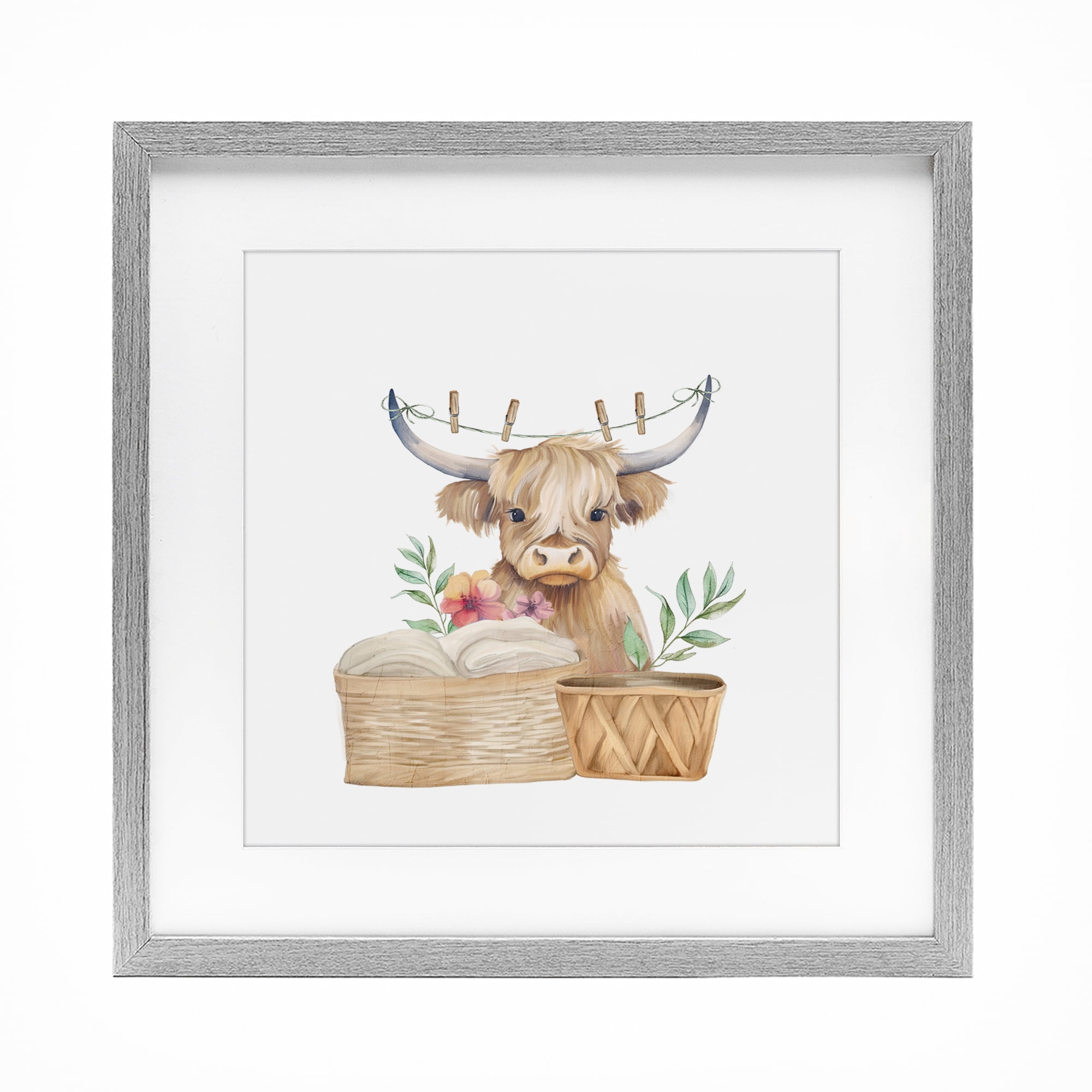 Laundry Day Baby Cattle Gray Framed Print Under Glass, design by Kim Allen