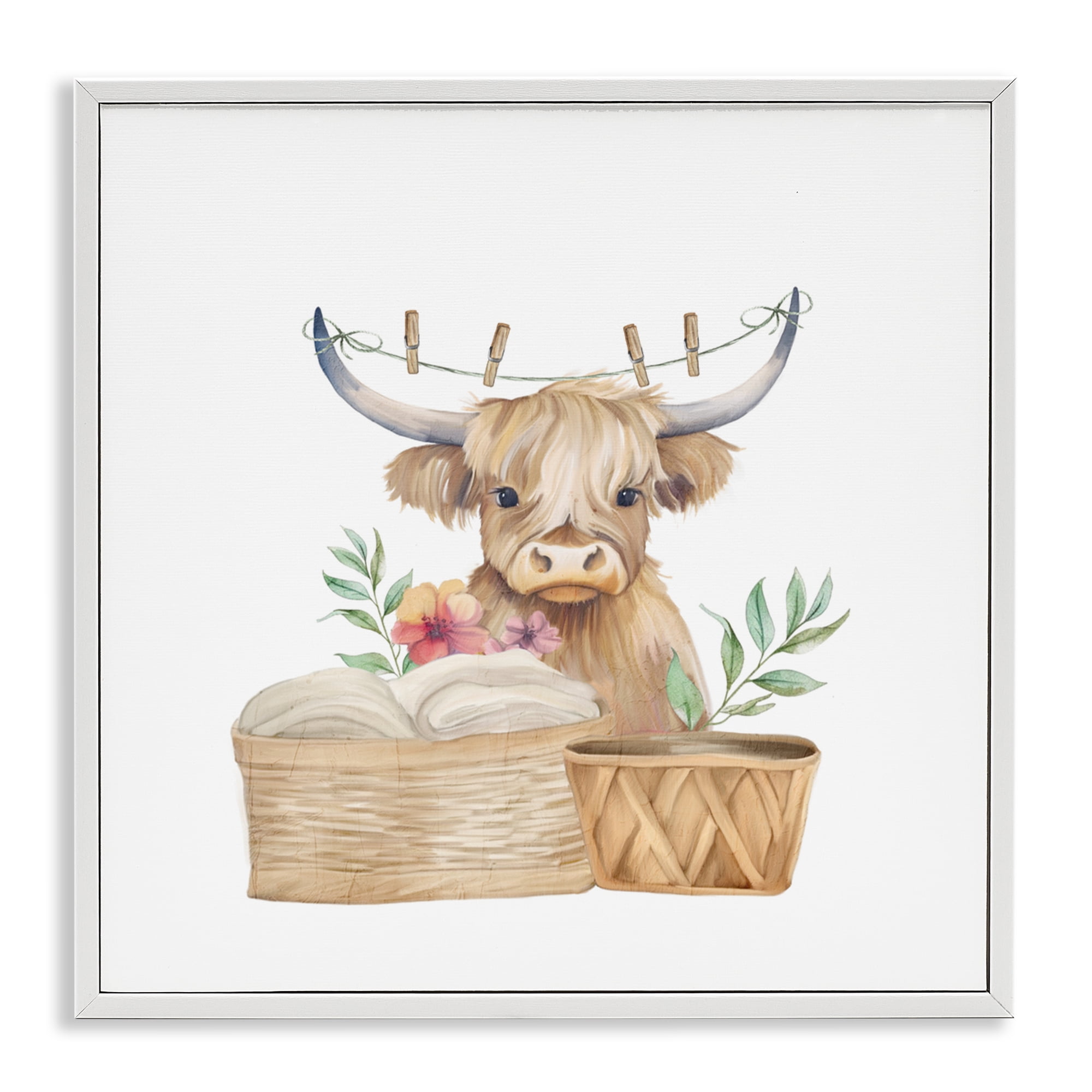 Laundry Day Baby Cattle White Framed Giclee Art, design by Kim Allen