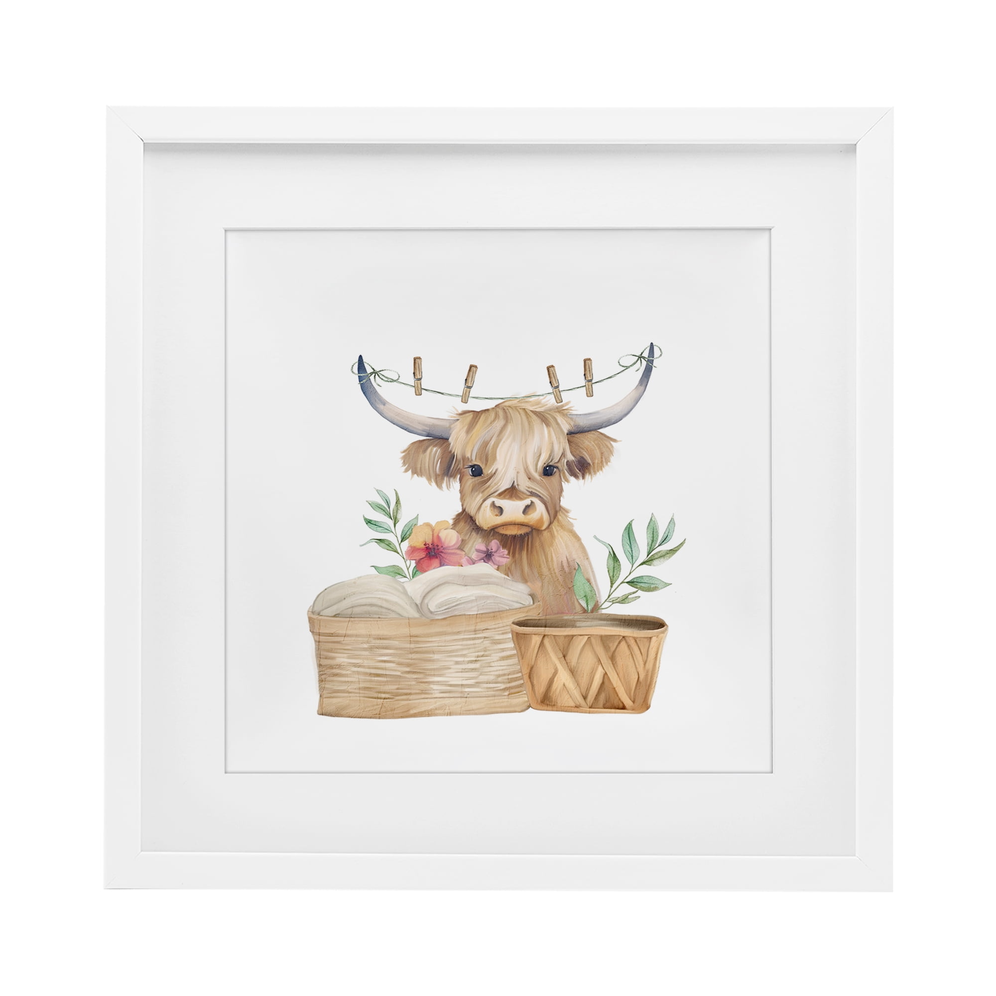 Laundry Day Baby Cattle White Framed Print Under Glass, design by Kim Allen