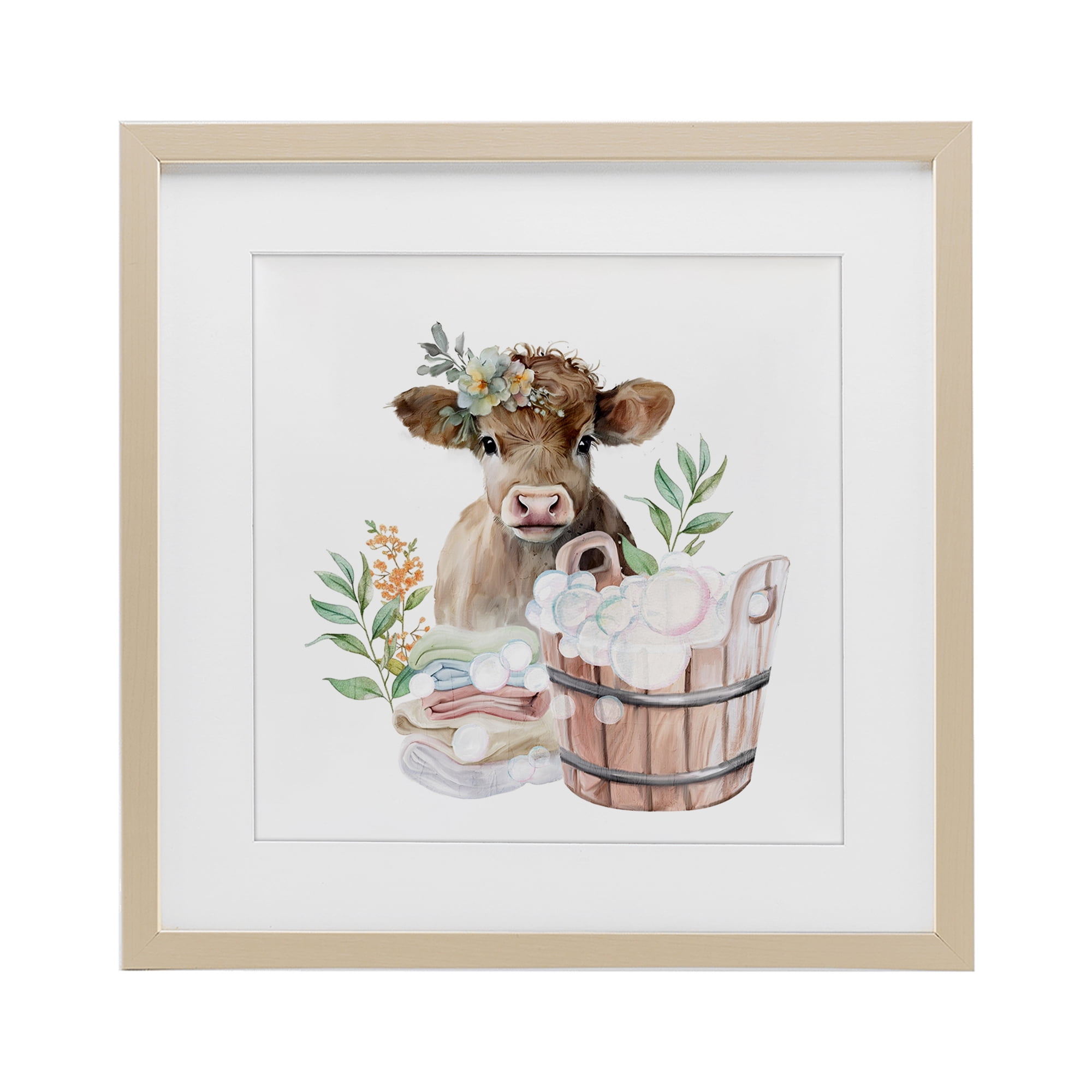 Laundry Day Baby Cow Birch Framed Print Under Glass, design by Kim Allen