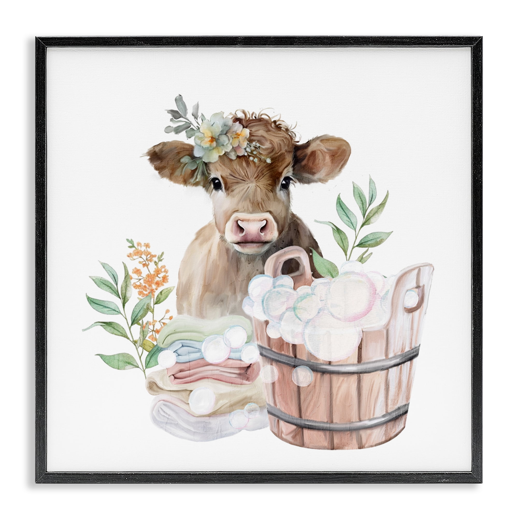 Laundry Day Baby Cow Black Framed Giclee Art, design by Kim Allen