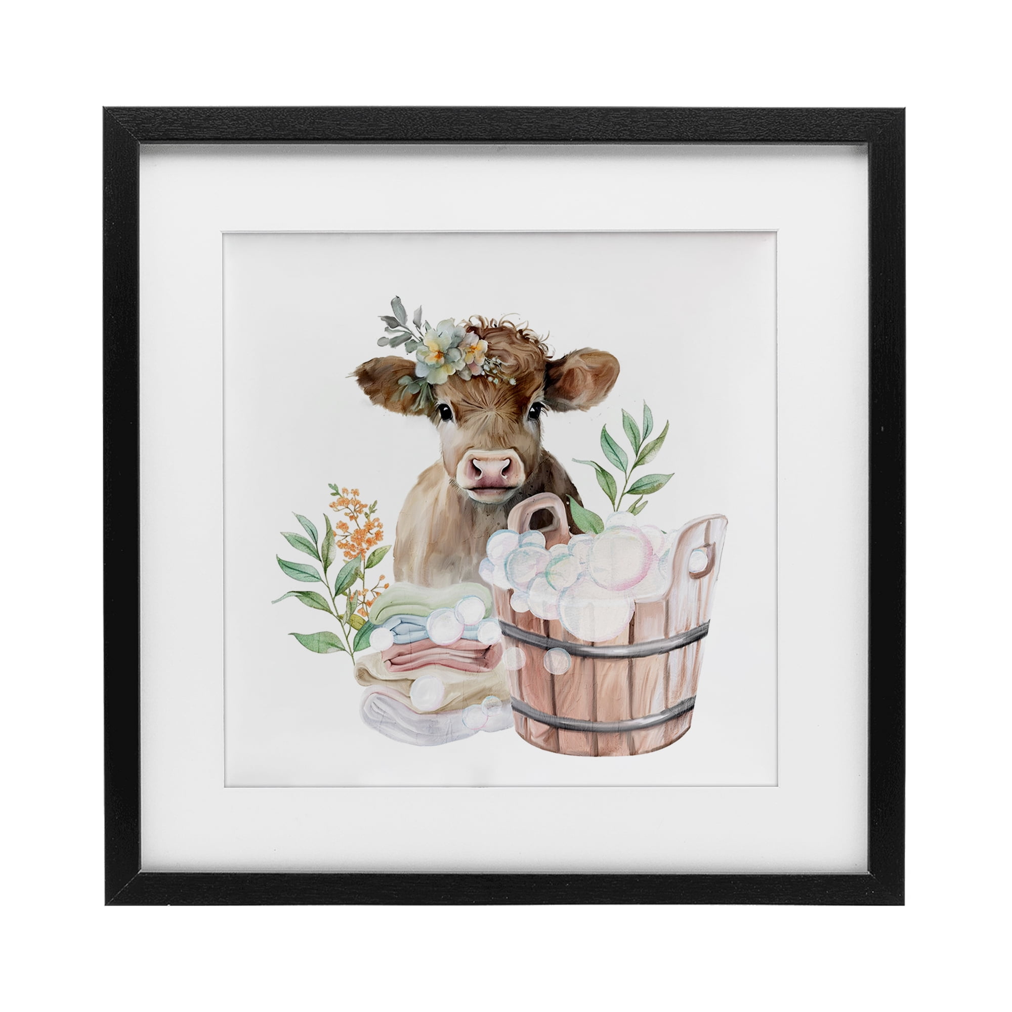 Laundry Day Baby Cow Black Framed Print Under Glass, design by Kim Allen