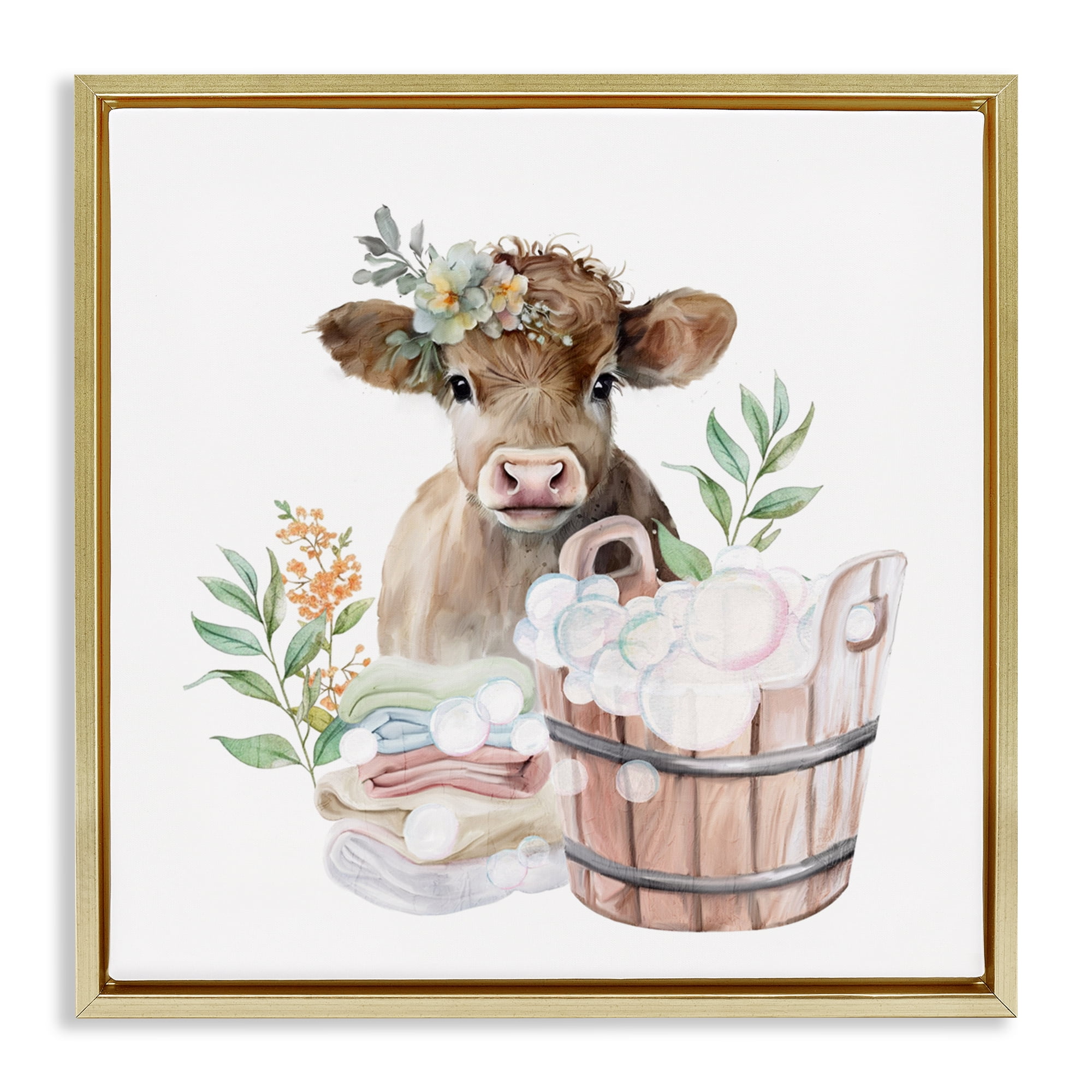 Laundry Day Baby Cow Gold Framed Floater Canvas Wall Art, design by Kim Allen
