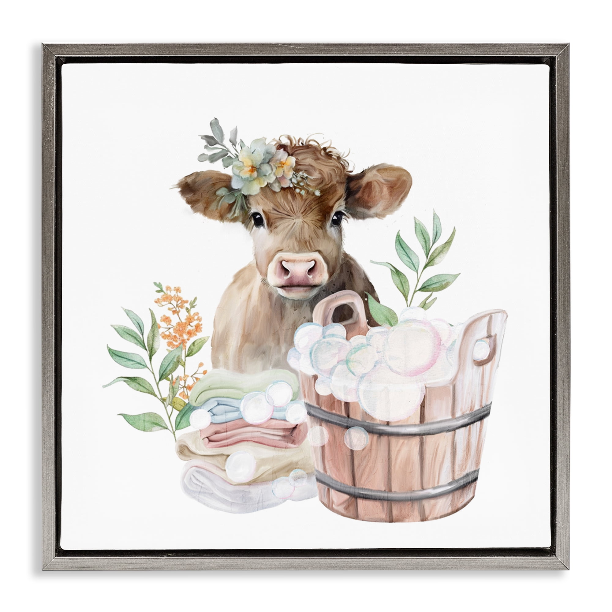 Laundry Day Baby Cow Gray Framed Floater Canvas Wall Art, design by Kim Allen
