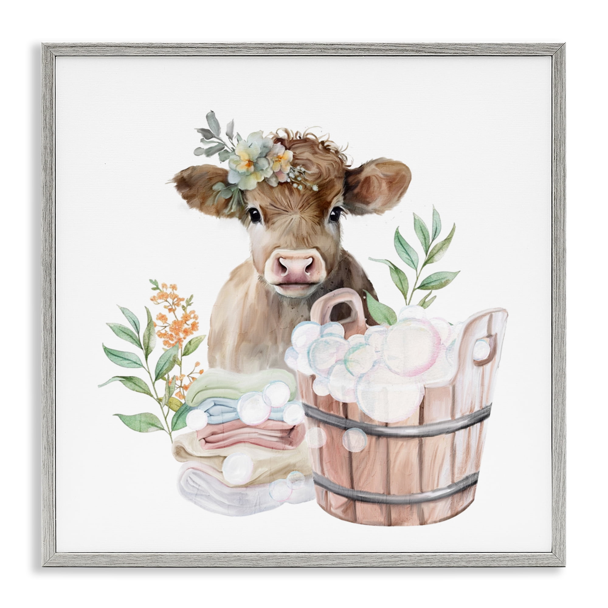 Laundry Day Baby Cow Gray Framed Giclee Art, design by Kim Allen