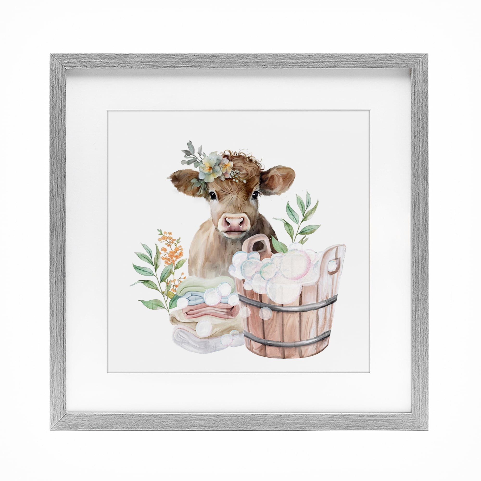Laundry Day Baby Cow Gray Framed Print Under Glass, design by Kim Allen