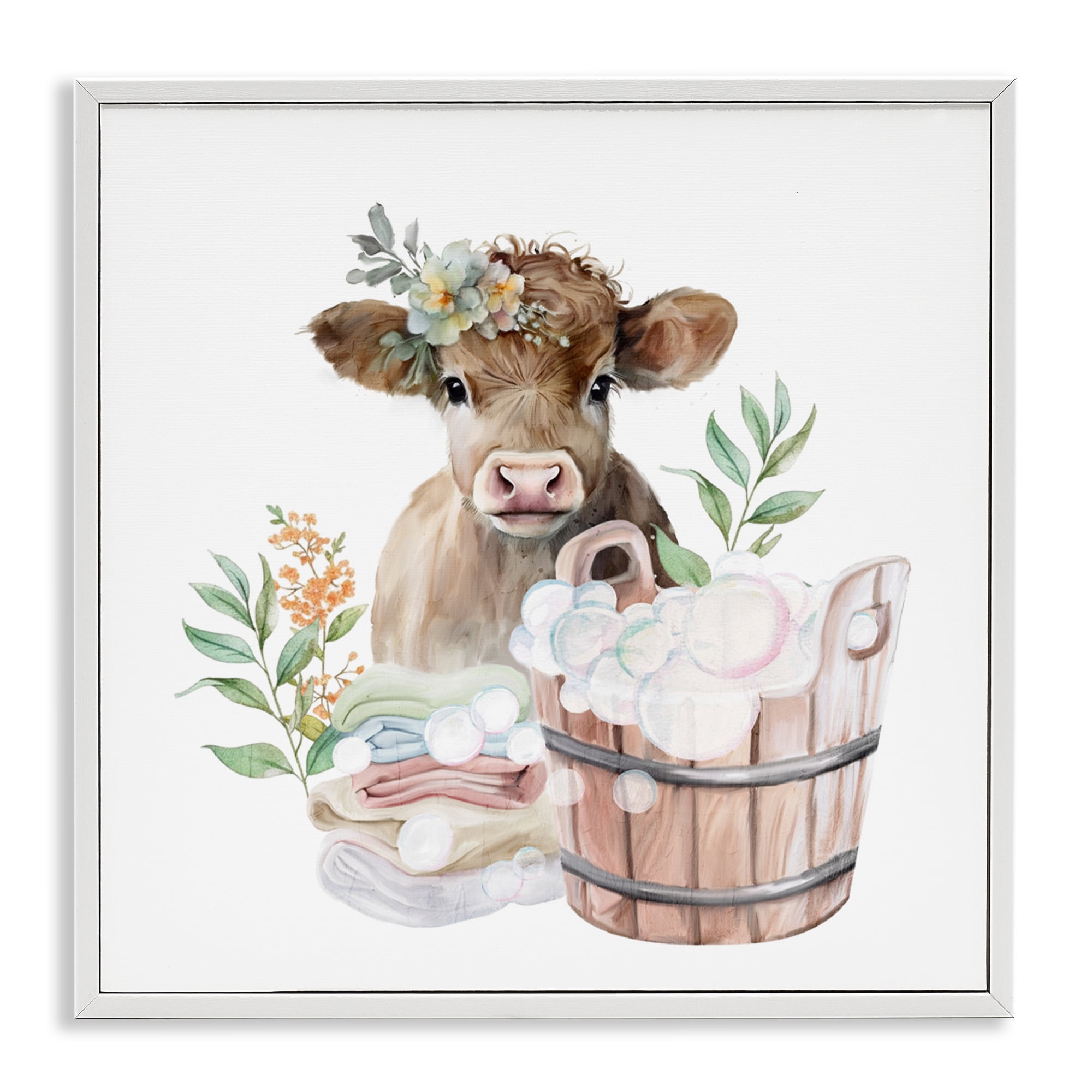 Laundry Day Baby Cow White Framed Giclee Art, design by Kim Allen