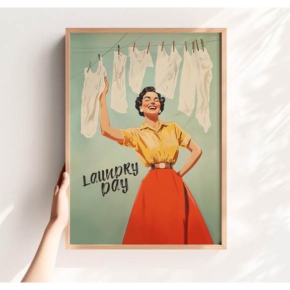 Laundry Day Retro Housewife Utility Room Laundromat Wall Decor, Unframed Paper Poster 8x10in