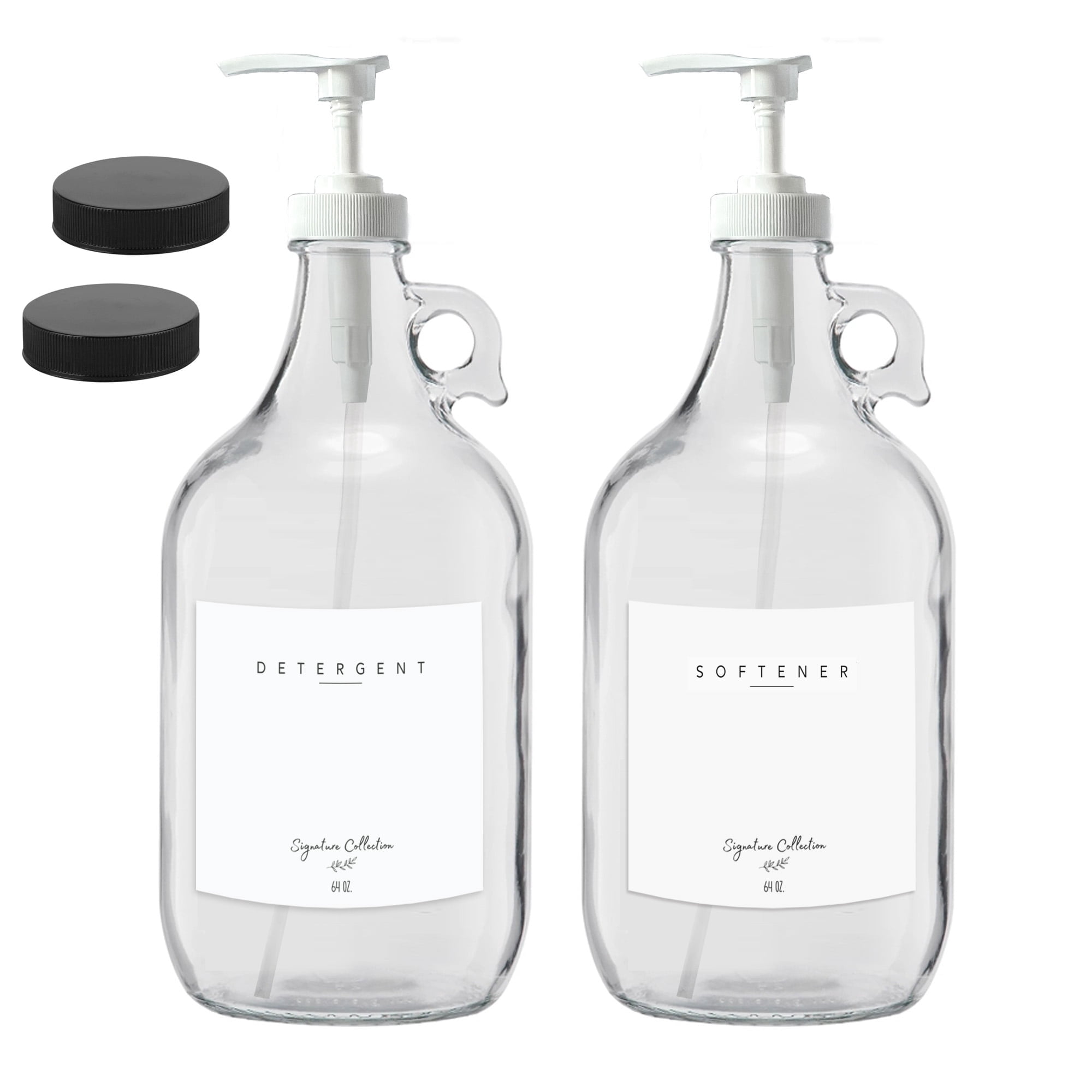 Laundry Detergent Dispenser for Laundry Room - Two Empty Half Gallon Glass Jugs for Fabric Softener Dispenser, Liquid Laundry Soap Dispenser and Bleach - 64 oz. White Commercial Pump Dispenser
