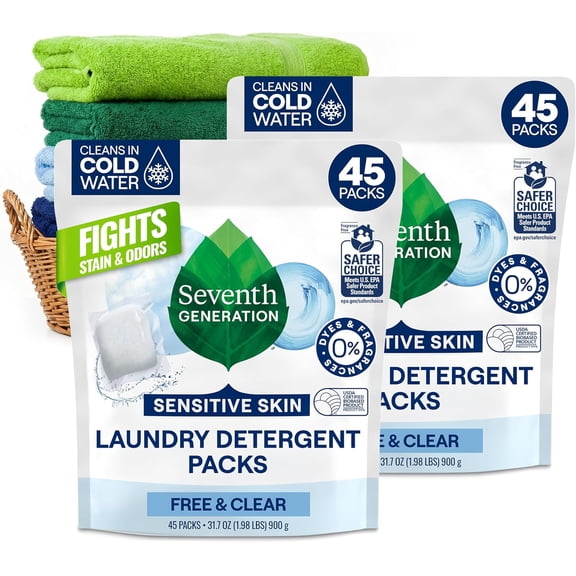 Laundry Detergent Packs, Free & Clear, 90 Loads (2 pouches, 45 Ct EA)
