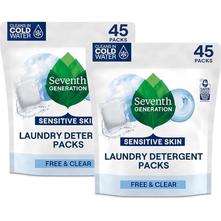 Laundry Detergent Packs, Free & Clear, 90 Loads (2 pouches, 45 Ct EA)