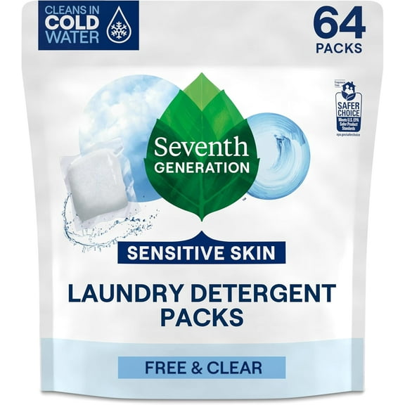 Laundry Detergent Packs, Free & Clear, Made for Sensitive Skin, EPA Safer Choice Certified, 64 Count