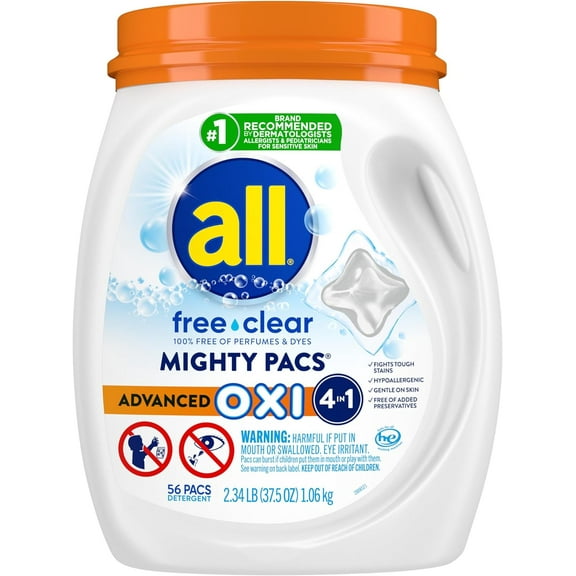 Laundry Detergent Pacs, Mighty Pacs with OXI Stain Removers and Whiteners, Free Clear, Unscented and Dye Free, 56 Count