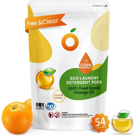 Laundry Detergent Pods, -Based Detergent with Oil|, -Resistant Pouch, Free & Clean, Scent-Free, HE & Standard Machine Compatible. 54 Count