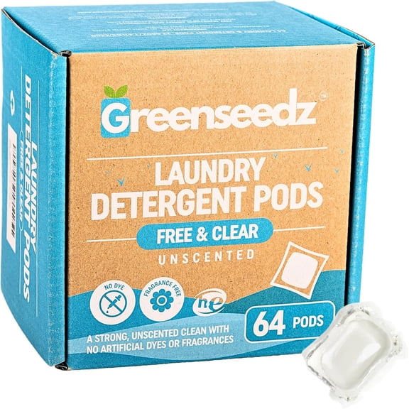 Laundry Detergent Pods Free & Clear, Unscented, 64 Count, Eco Friendly, Biodegradable, HE Compatible, Powerful Stain & Odor Removal
