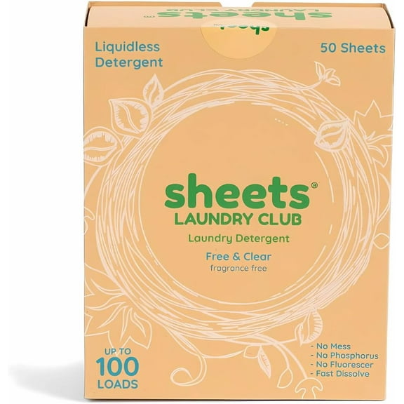 Liquidless Laundry Detergent Sheets, 100 Loads - Fragrance Free Scent, Eco-Friendly, Quick-Dissolving Formula, Hypoallergenic, Septic Safe, Plastic-Free Packaging - 50 Sheets
