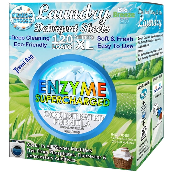 Laundry Detergent Sheets (120 XL Sheets) - Eco Friendly, Hypoallergenic, Biodegradable & Plant-Based, Enzyme Stain Washing Strips - for All Machine Washers, Travel & Home (Meadow Breeze Scent)