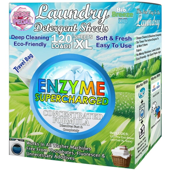 Laundry Detergent Sheets (120 XL Sheets) - Eco Friendly, Hypoallergenic, Biodegradable & Plant-Based, Enzyme Stain Washing Strips - for All Machine Washers, Travel & Home (Rose Petal Blossom Scent)
