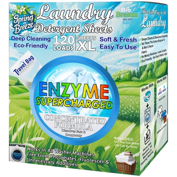 Laundry Detergent Sheets (120 XL Sheets) - Eco Friendly, Hypoallergenic, Biodegradable & Plant-Based, Enzyme Stain Washing Strips - for All Machine Washers, Travel & Home (Spring Breeze Scent)