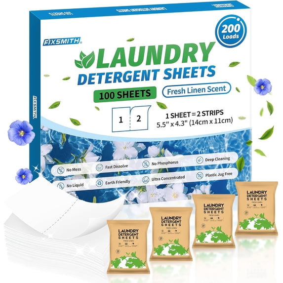 Laundry Detergent Sheets - 200 Loads (100 Sheets) Fresh Linen Scent - Hypoallergenic,Eco Friendly Laundry Detergent Strips Ultra-Concentrated Travel Detergent Sheets.Plastic-Free,Liquidless