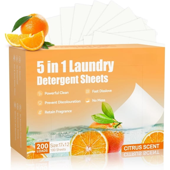 Laundry Detergent Sheets 200 Loads Citrus Scent Laundry Soap Sheets Compact Lightweight Liquidless Plastic Free Alternative to Liquid & Detergent