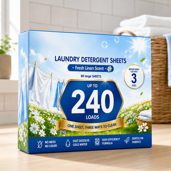 Laundry Detergent Sheets, 240 Loads, 3-Enzyme Stain Removal, Linen Scent, Dissolves in Cold Water, Travel Friendly