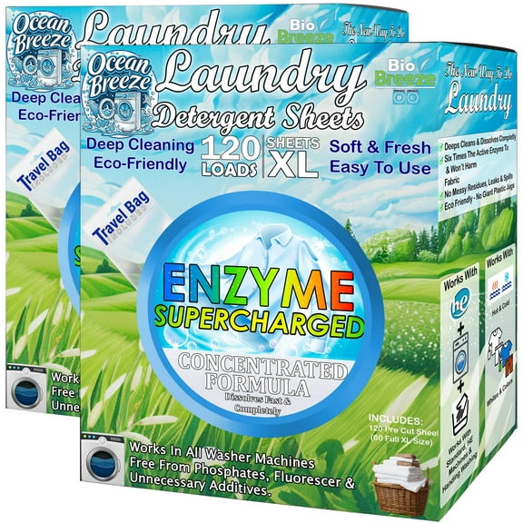 Laundry Detergent Sheets (240 XL Sheets) - Eco Friendly, Hypoallergenic, Biodegradable & Plant-Based, Enzyme Stain Washing Strips - for All Machine Washers, Travel & Home (Ocean Breeze Scent)