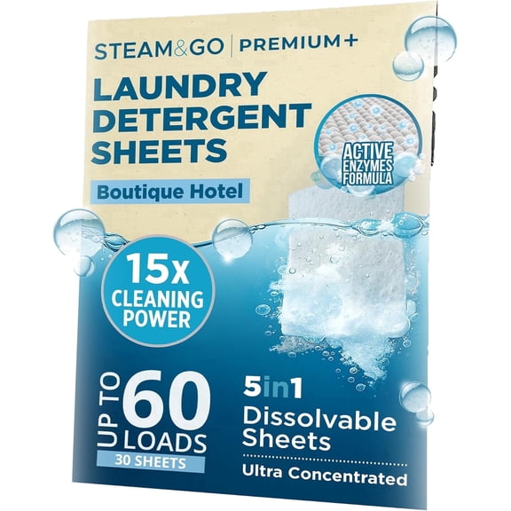 STEAM AND GO 3-in-1 Ultra Concentrated Dissolvable Laundry Detergent Sheets, Boutique Hotel Scent, 30 Count
