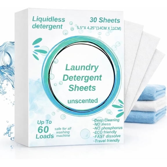 Laundry Detergent Sheets  -  Cold + Hot Water Clean | Gentle    | - & Travel-Friendly | Up to 60 Loads |