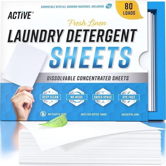 Active Eco Washing Strips, Laundry Detergent Sheets, Fresh Linen Scent, 5.93 oz, 80 Loads, 1 Pack