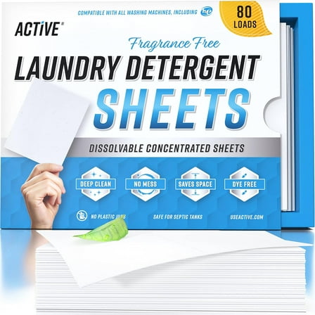 Active Eco Washing Strips, Laundry Detergent Sheets, Unscented, 5.93 oz, 80 Loads, 1 Pack
