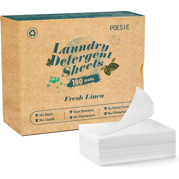 Laundry Detergent Sheets Fresh Linen Scent 160 Sheets 80 Large Loads Plastic Free Fast Dissolve Washing for All Washing Machine Traveling Dorm Life Save Space