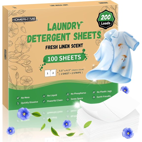 Laundry Detergent Sheets - Fresh Linen Scent, 200 Loads (100 Sheets), Plastic Free Laundry Sheets for Travel, Dorms, Home, Apartments, Eco & Hypoallergenic
