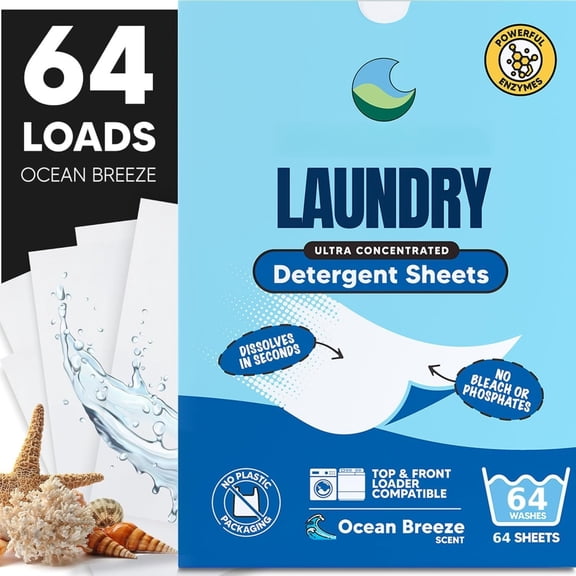 Laundry Detergent Sheets. Pre-Measured Laundry Sheets.  Stain Removal. Works in  Clothes Washers. (1 Pack - 64 Washes,  Breeze)